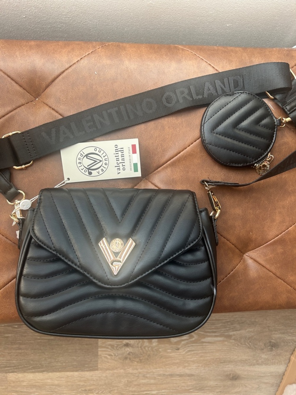 Valentino Orlandi Black Quilted Crossbody with Coin Pouch and Branded Strap